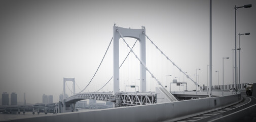 Rainbow bridge with a long metal support rail over it, Tokyo