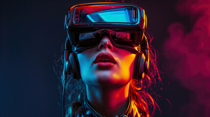 Portrait photo of young woman wearing vr goggles with surprised face with colorful color led light. Young woman feeling shock watching augment reality scene from VR goggles. Futuristic device concept.