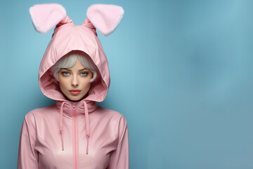 Woman wearing bunny ears on blue background.