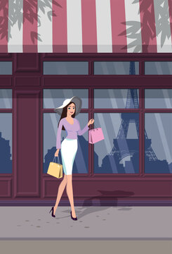 A girl in a hat against a shop window where Paris is reflected. Vector.