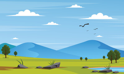 a landscape with a lake and mountains. A serene landscape featuring a tranquil lake and majestic mountains, perfect for nature-themed designs, travel brochures, outdoor adventure websites, and relax