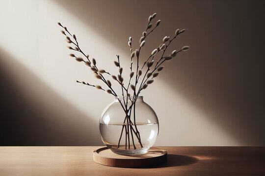 Generated image of a vase filled with willow plant branches sitting on top of a wooden table, with backlight, with clear glass, sleek round shapes