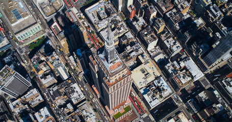 Panoramic Aerial Shot Around the Top of the Empire State Skyscraper in New York City. Helicopter View of the Spire, Viewing Platform with Tourists, Indoors Top Deck Observatory 