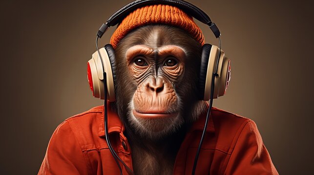 portrait of a monkey wearing a head phone
