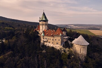 Fototapeta na wymiar Aerial view of Bojnice romantic medieval castle in Slovakia. Europe traveling concept.