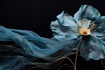  a close up of a blue flower on a black background with a long, thin, flowing fabric around it.