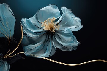  a close up of a blue flower on a black background with a gold stem in the center of the flower.