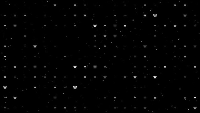 Template animation of evenly spaced bow symbols of different sizes and opacity. Animation of transparency and size. Seamless looped 4k animation on black background with stars