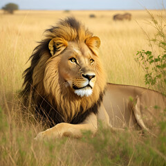 A male lion rest in the grassland