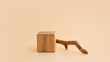Abstract minimal empty stage with cube on beige background. Minimal concept