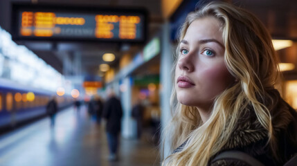 jeune femme blonde que attend le train dans une gare ferroviaire - obrazy, fototapety, plakaty