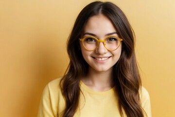 Fototapeta premium A friendly young woman wearing spectacles smiling and looking at the camera, yellow background with copy space.