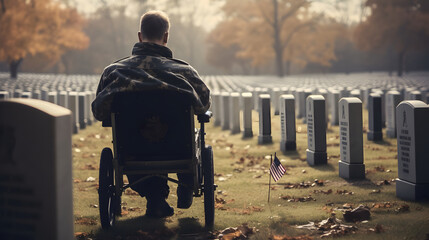 A military veteran on a wheelchair, at a military cemetery, honoring the memory of fallen colleagues