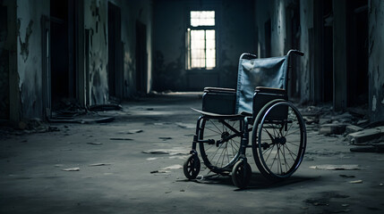 Fototapeta na wymiar An empty wheelchair in an abandoned silent hospital aisle