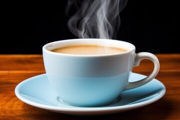  a cup of coffee on a saucer with steam rising out of the cup and saucer on the saucer.