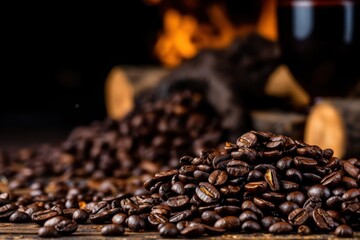  a pile of coffee beans sitting on top of a wooden table next to a pile of wood burning in a fireplace.