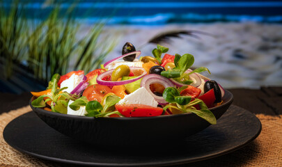 Greek salad in a beautiful dish, unusual background, mid-earth seafood cuisine. Homemade food, Restaurant food.