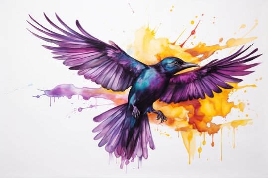 a painting of a purple and blue bird with its wings spread out in front of yellow and orange paint splatters.