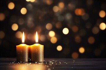 closeup of burning candles on abstract black background contemplate celebration mood with blurry lights, a festive concept with copy space