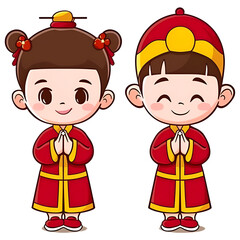 cartoon chinese newyear boy and girl on transparent background