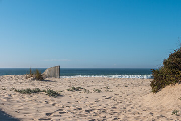Landscape of Furadouro beach with vegetation in the dunes. Ovar, Portugal.