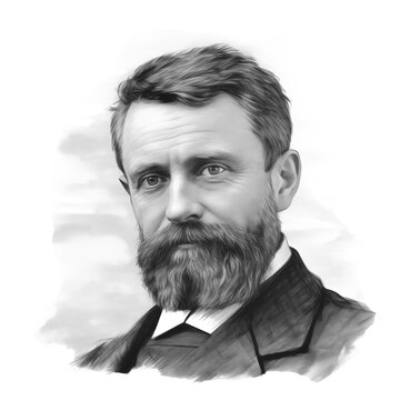 Black and white vintage engraving, headshot portrait of Pierre-Auguste Renoir, the famous French artist, with beard, white background, greyscale - Generative AI