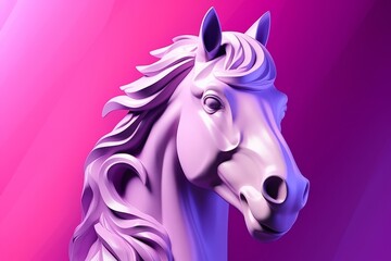 a close up of a statue of a horse, retro pink style, background is purple, with gradients, abstract
