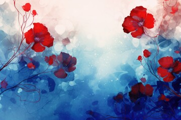  a painting of red and blue flowers on a blue and white background with a white light in the middle of the picture.