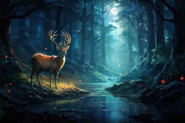  a deer standing in the middle of a forest next to a river with fireflies floating on it's side.