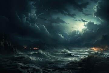  a painting of a dark stormy sea with a lighthouse in the middle of the ocean and a full moon in the sky.