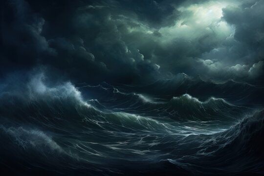  a painting of a storm in the ocean with a boat in the middle of the water and a full moon in the sky.