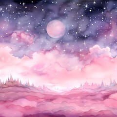 mountain Lanscape over pink night sky with stars and moon watercolor background