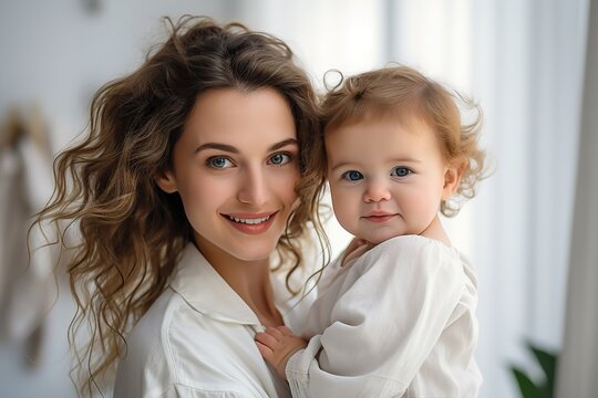 Pretty woman holding a newborn Baby in her arms. Image for advertising, Banner, Magazines