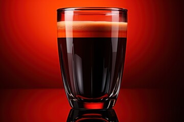  a glass filled with liquid sitting on top of a red table next to a black and white object on a red background.
