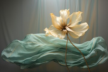  a large yellow flower sitting on top of a green piece of cloth in front of a light blue drape. - obrazy, fototapety, plakaty