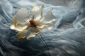 a large white flower sitting on top of a bed covered in blue sheets and a brown center piece in the center of the picture.