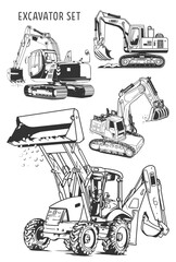 Vector set of excavators. Vector illustration of a set of construction equipment.