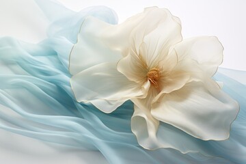  a large white flower sitting on top of a blue and white sheet of fluid fluid flowing down it's side.