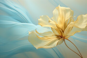  a close up of a yellow flower on a blue and white background with a blurry image of the petals.