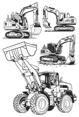 Excavator, digger and loader. Set of vector illustrations.