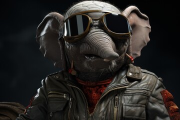  an elephant wearing a leather jacket with goggles on it's head and wearing a leather jacket with goggles on it's head.