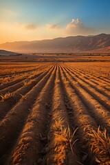 plowed field at sunset - obrazy, fototapety, plakaty