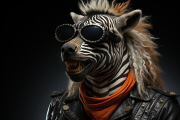 Fototapeta na wymiar a zebra wearing sunglasses and a leather jacket with a scarf around it's neck and a leather jacket with a scarf around it's neck.