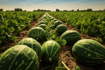 Green watermelon growing in the garden