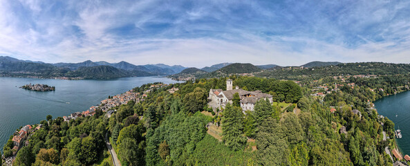 Drone view at the sacred mount Orta and San Giulio island on Italy