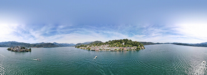 Drone view at the sacred mount Orta and San Giulio island on Italy