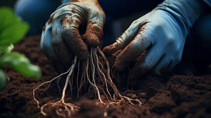 hands holding soil and roots with gloves while planting in the soil