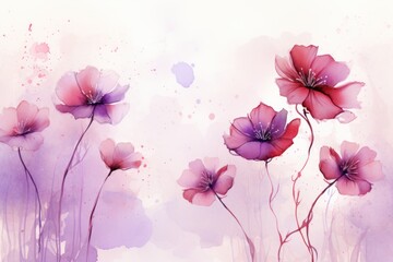  a painting of pink and purple flowers on a white background with a splash of watercolor on the bottom of the image.