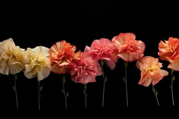  a row of pink, yellow, and orange flowers on a black background with a black background behind the row of pink, yellow and orange flowers on a black background.