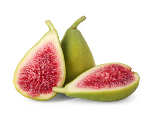 Cut and whole fresh green figs isolated on white